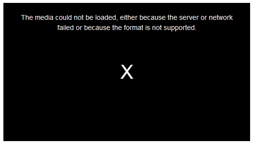 The media could not be loaded, either because the server or network failed or because the format is not supported.というエラーが表示され再生できない動画の画像